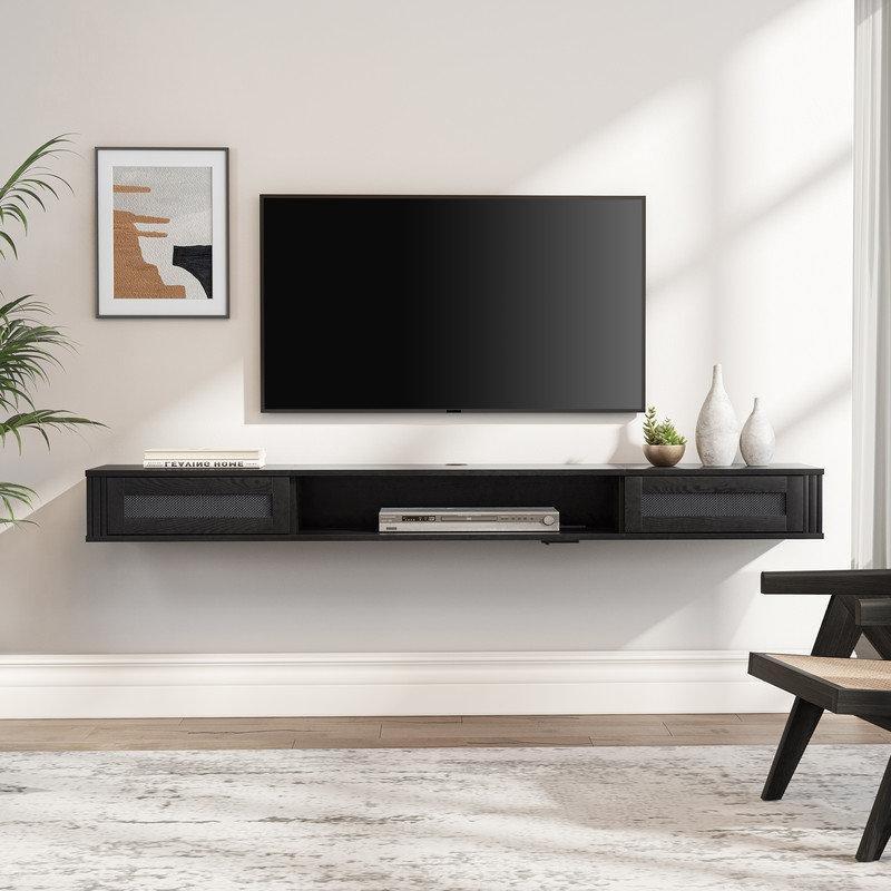 Siyah Mat Endüstriyel Ahşap Duvara Monte TV Ünitesi 175 cm - 78484