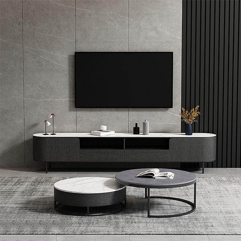 Siyah Metal Ayaklı Beyaz Taş Tablalı TV Ünitesi ve Orta Sehpa Takımı - 79669