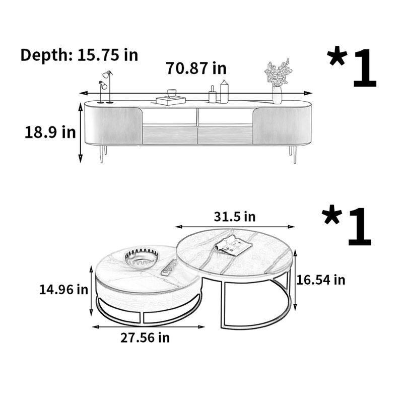 Siyah Metal Ayaklı Beyaz Taş Tablalı TV Ünitesi ve Orta Sehpa Takımı - 79669