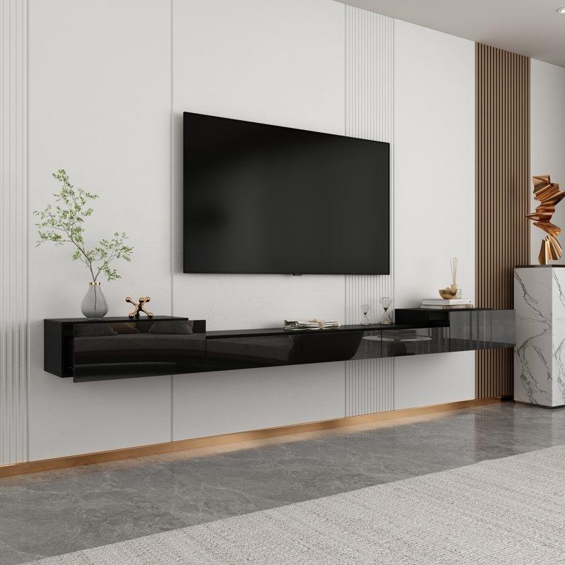 Siyah Parlak Duvara Monte TV Ünitesi 280 cm Geniş LED Aydınlatmalı - 78364