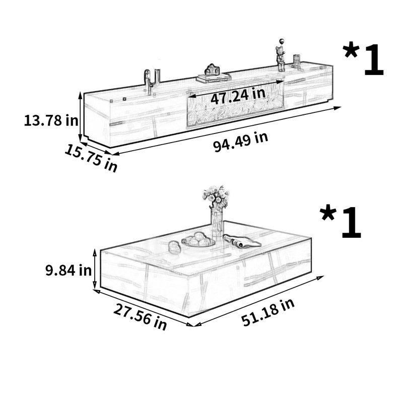 Siyah Taş Yüzeyli LED Alev Efektli TV Ünitesi ve Orta Sehpa Takımı - 79510