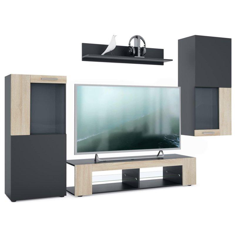 Siyah ve Meşe Gri Modern TV Ünitesi 300 cm