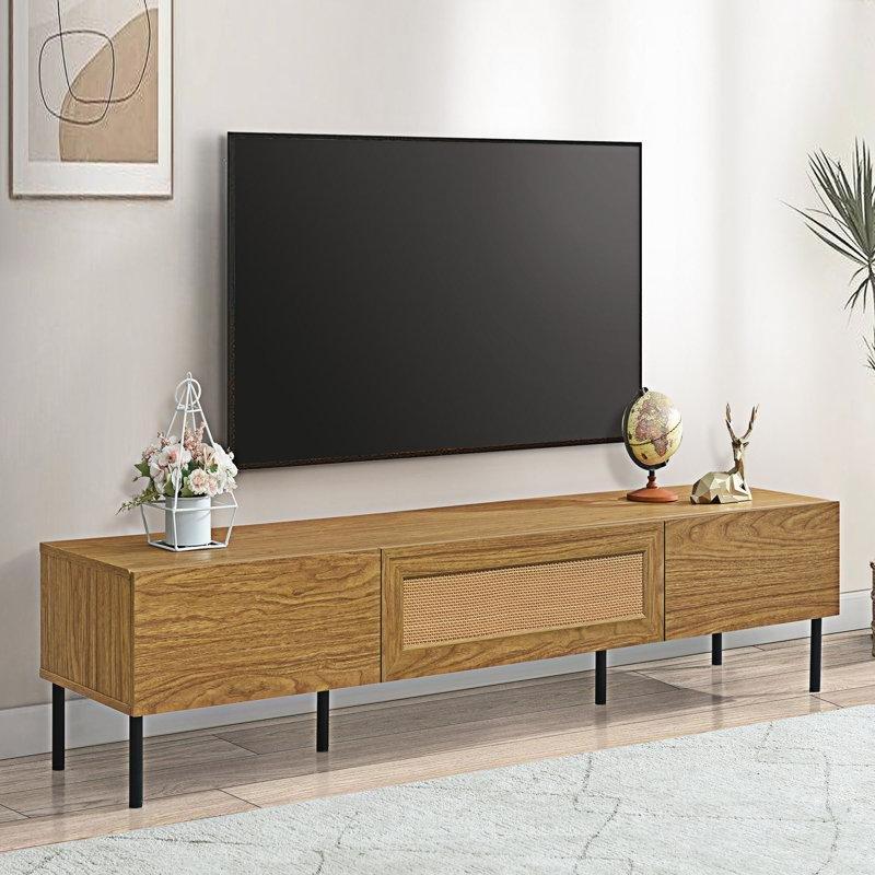 Üç Çekmeceli Bohem TV Ünitesi 180x41x37 cm Ahşap Hasır Dekorasyonlu