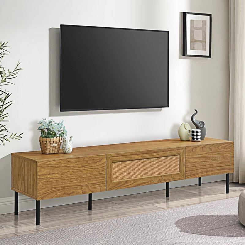 Üç Çekmeceli Bohem TV Ünitesi 180x41x37 cm Ahşap Hasır Dekorasyonlu