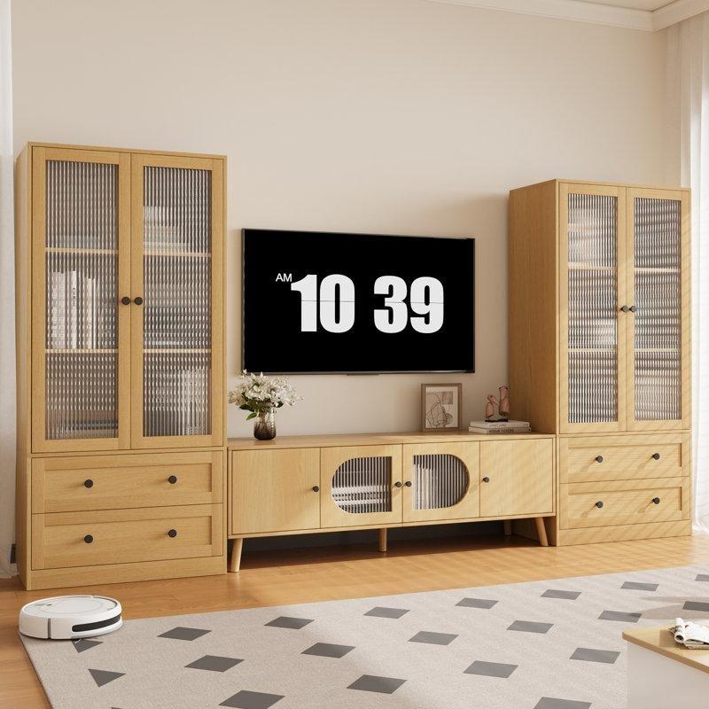 Üç Parçalı Doğal Ahşap Dalgalı Cam Kapılı Dolaplı TV Ünitesi 180 cm - 78832