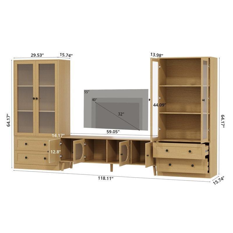Üç Parçalı Doğal Ahşap Dalgalı Cam Kapılı Dolaplı TV Ünitesi 180 cm - 78832