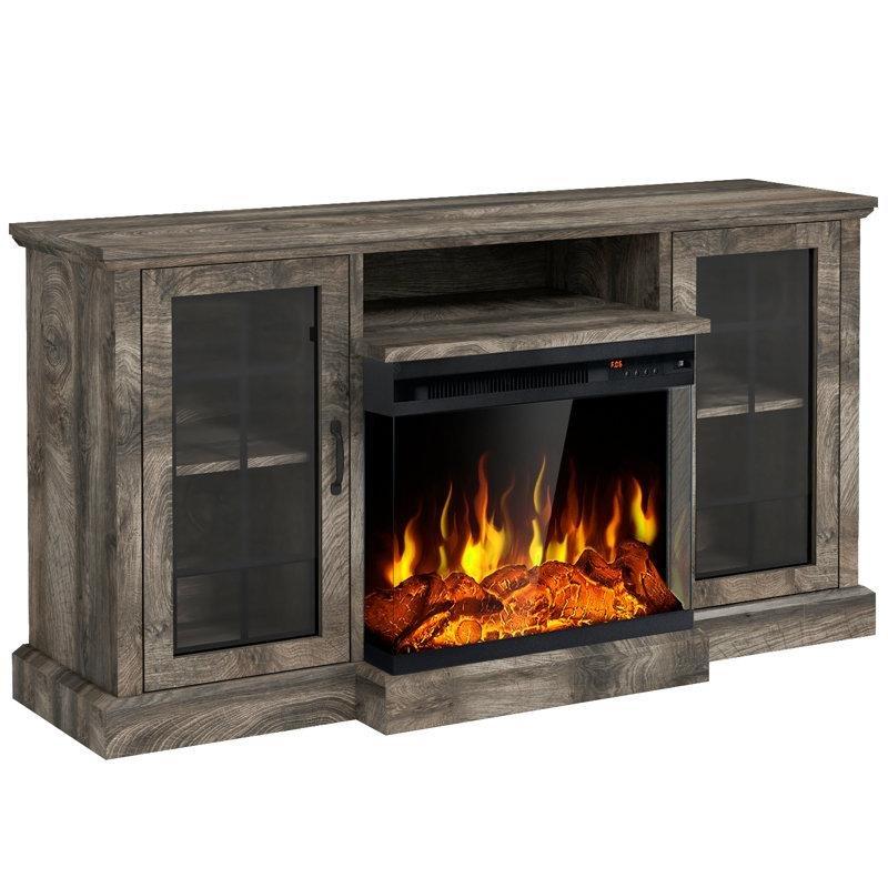 Üç Yüzlü Cam Şömineli Rustik TV Ünitesi 150x35x80 cm - 79186