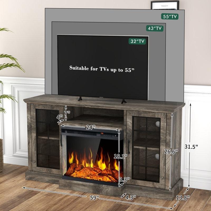 Üç Yüzlü Cam Şömineli Rustik TV Ünitesi 150x35x80 cm - 79186