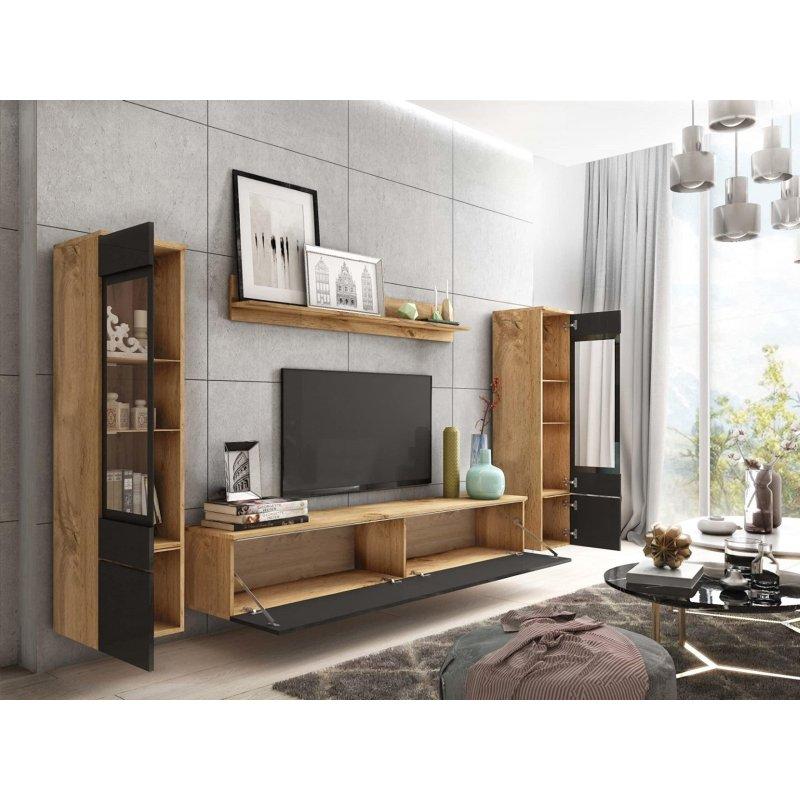Wotan Meşe ve Siyah Kaplamalı Modern TV Ünitesi Seti