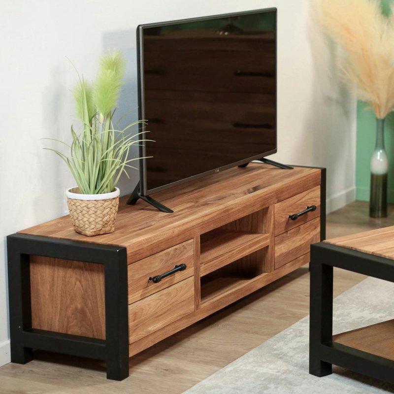 Yağlı Meşe Ahşap ve Metal Çerçeveli Modern TV Sehpası 150 cm