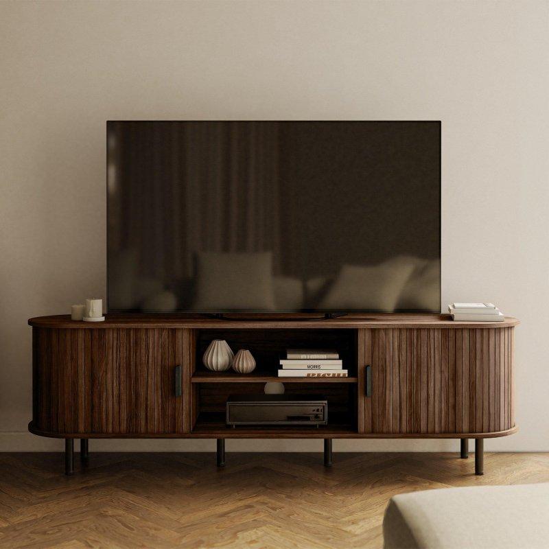 Yuvarlak Formlu Koyu Ceviz Rengi Lamelalı TV Ünitesi 180x55 cm - 79030