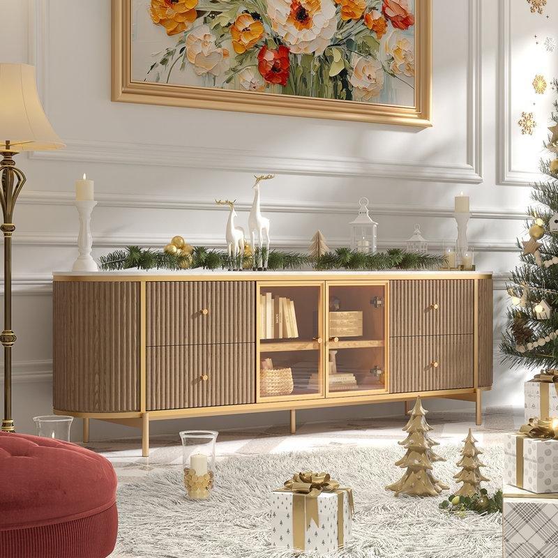 178 cm Gold Detaylı Dalga Desenli Mermer Üstlü TV Konsolu - 80893