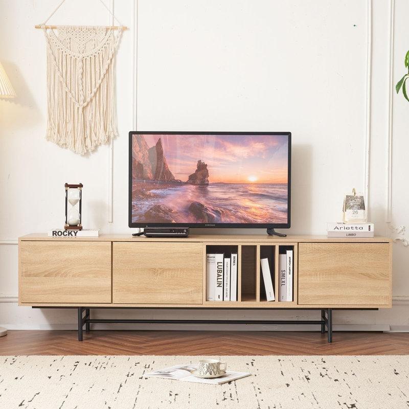 Açık Ahşap Renkli Modern TV Konsolu 190 cm Siyah Metal Ayaklı - 80914