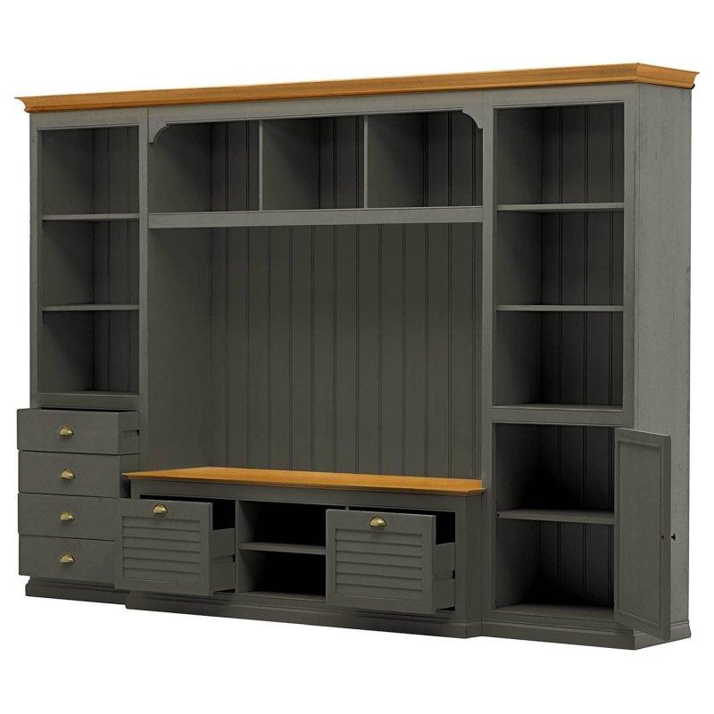 Açık Raflı ve Kapaklı Bölmeli Gri Masif Çam Ağacı TV Ünitesi 295x208 cm - 81874