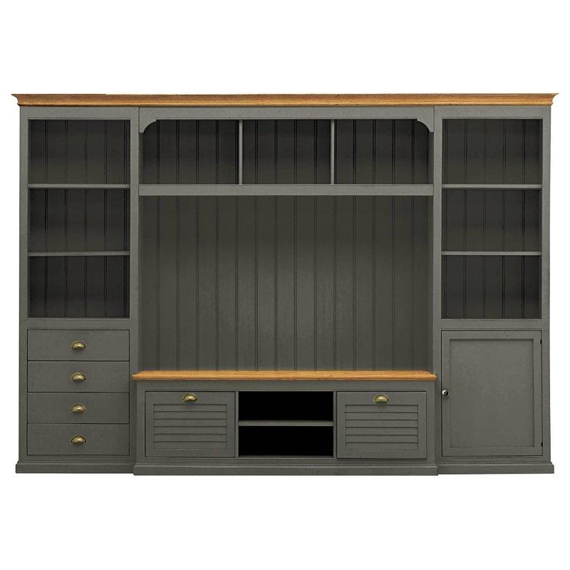 Açık Raflı ve Kapaklı Bölmeli Gri Masif Çam Ağacı TV Ünitesi 295x208 cm - 81874