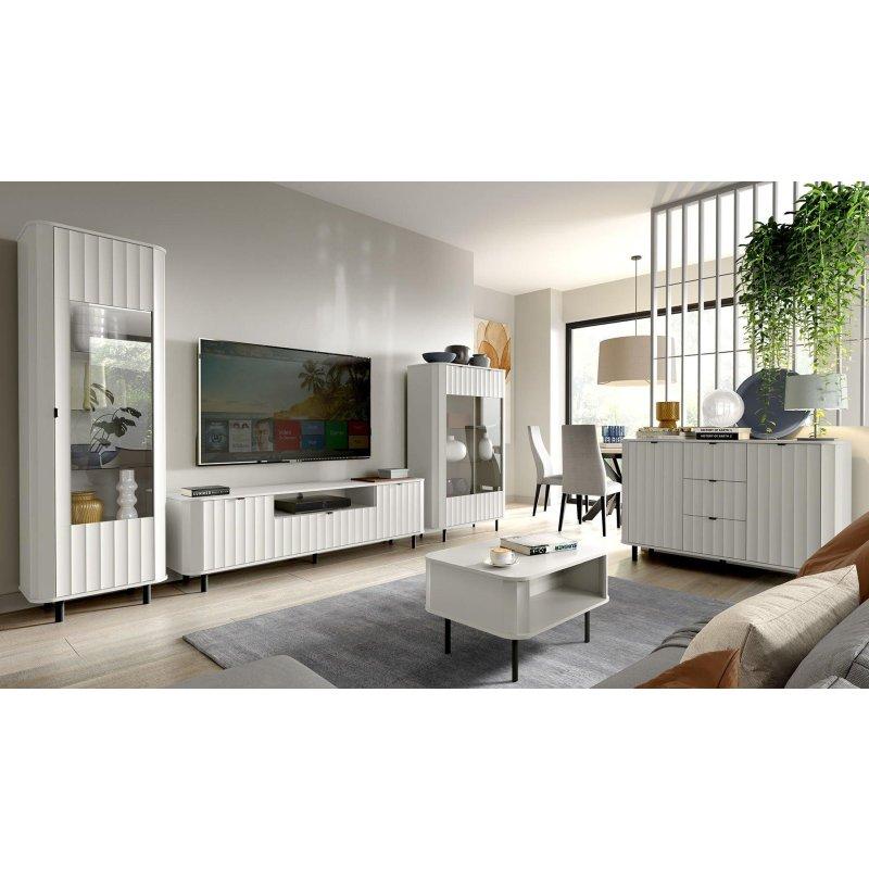 Alpejski Beyaz Vitrinli TV Ünitesi 196 cm Siyah Çerçeveli Modern Tasarım - 82000