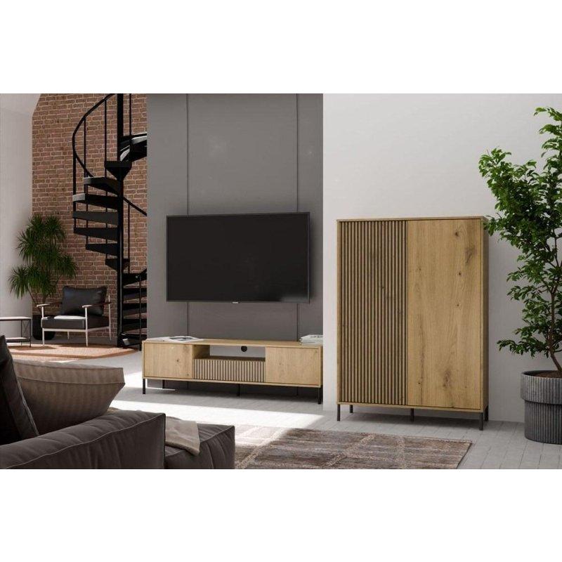 Artisan Meşe Renkli Siyah Lamelli 160 cm Loft Tarzı TV Ünitesi - 82228