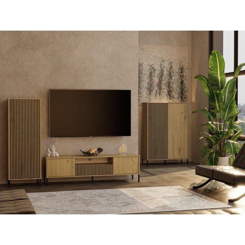 Artisan Meşe Renkli Siyah Lamelli 160 cm Loft Tarzı TV Ünitesi - 82228