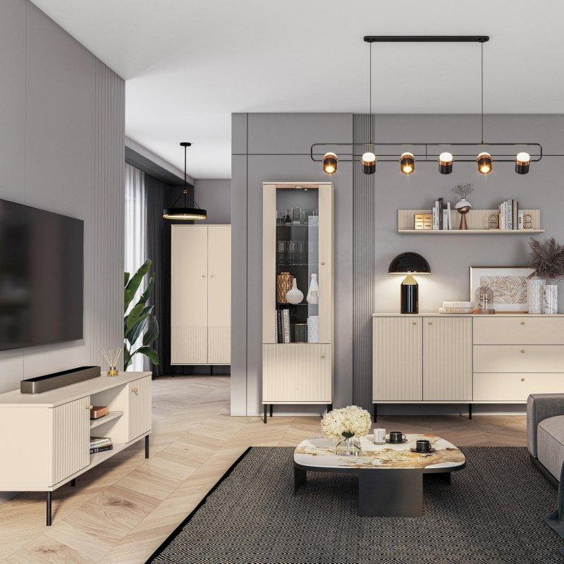 Beige Laminate İki Kapılı Vitrinli TV Ünitesi 190 cm Aydınlatmalı - 81895