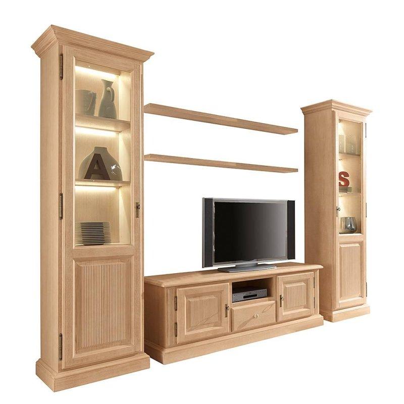 Beş Parçalı Kırsal Tasarımlı Masif Çam Vitrinli TV Ünitesi 310x217 cm - 81805