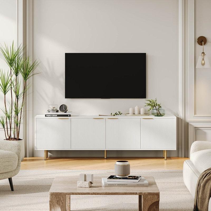 Beyaz Endüstriyel Ahşap TV Konsolu 75 İnç 175 cm Genişlik 3 Saklama Dolabı - 80842