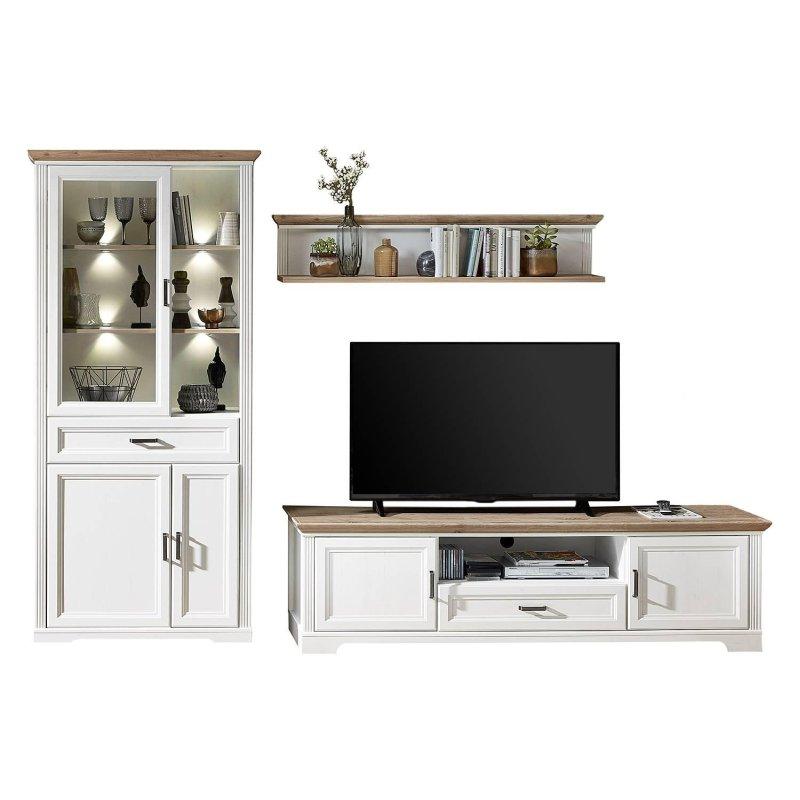 Beyaz Endüstriyel Ahşap Üç Parçalı Vitrinli TV Ünitesi 299x204 cm - 81844