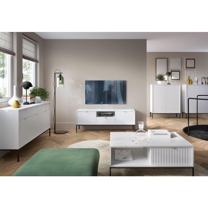 Beyaz MDF Vitrinli TV Ünitesi 153x56 cm Siyah Metal Ayaklı - 82225