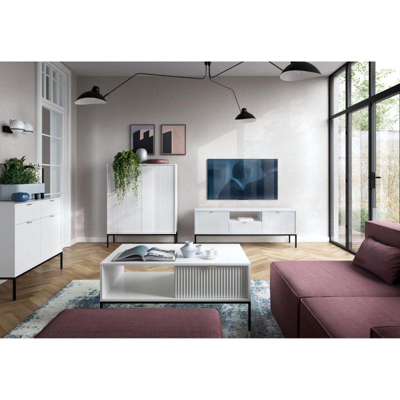 Beyaz MDF Vitrinli TV Ünitesi 153x56 cm Siyah Metal Ayaklı - 82225