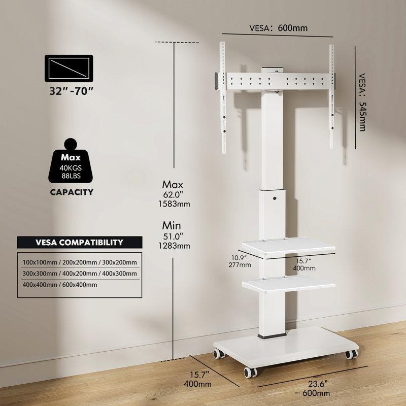 Beyaz Metal Tekerlekli TV Standı 60 cm Genişlik 32-70 İnç Uyumlu - 81415