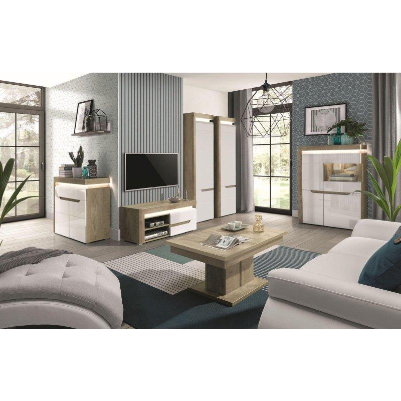 Beyaz Parlak Vitrinli TV Ünitesi 115x48x45 cm Meşe Ahşap Detaylı - 82018