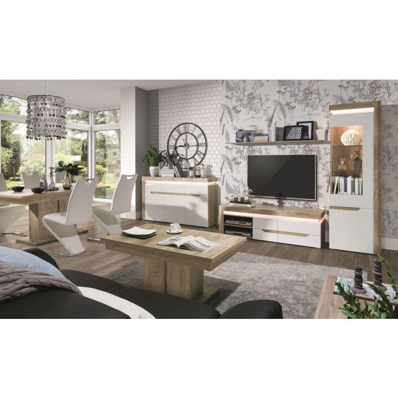 Beyaz Parlak Vitrinli TV Ünitesi 152x48 cm Meşe Ahşap Detaylı - 82123