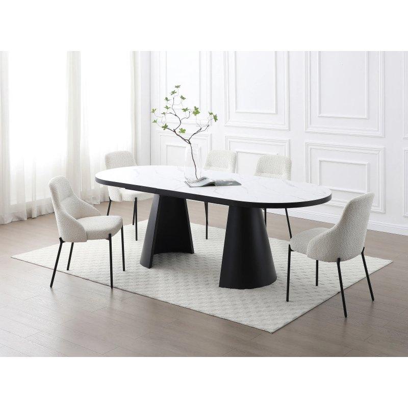 Beyaz Siyah Mermer Desenli Açılır Yuvarlak Yemek Masası 240 cm - 83014