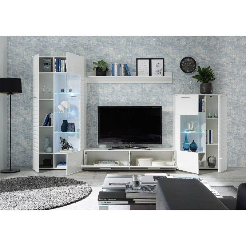 Beyaz Vitrinli TV Ünitesi 320x194 cm LED Aydınlatmalı 5 Parçalı Duvar Sistemi - 81871