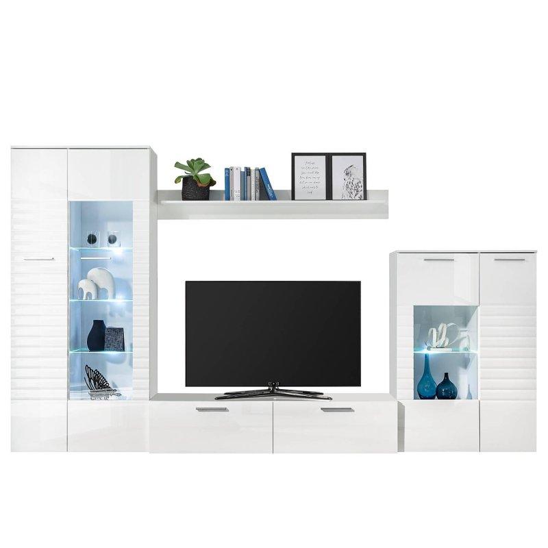 Beyaz Vitrinli TV Ünitesi 320x194 cm LED Aydınlatmalı 5 Parçalı Duvar Sistemi - 81871