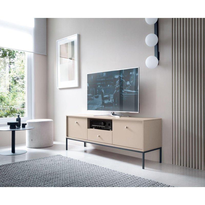 Beż Piaskowy Vitrinli TV Ünitesi 153x56 cm Siyah Metal Ayaklı - 82168