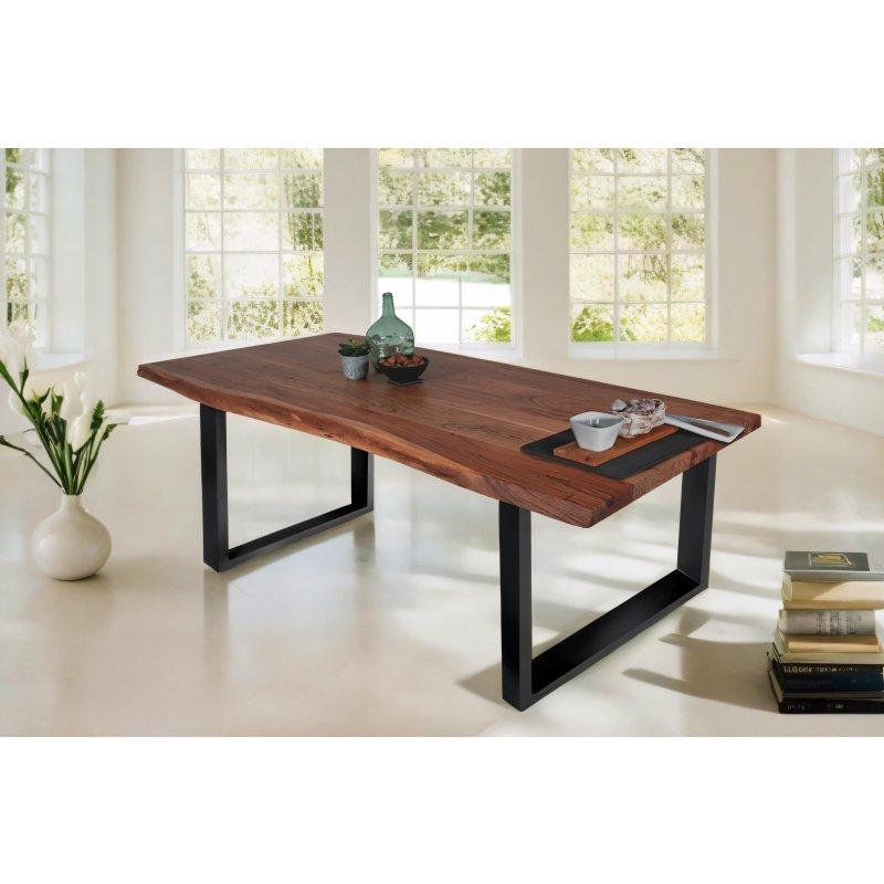 Ceviz Rengi Akaçya Masif Ahşap Yemek Masası 200x100 cm Siyah Metal Ayaklı - 82630
