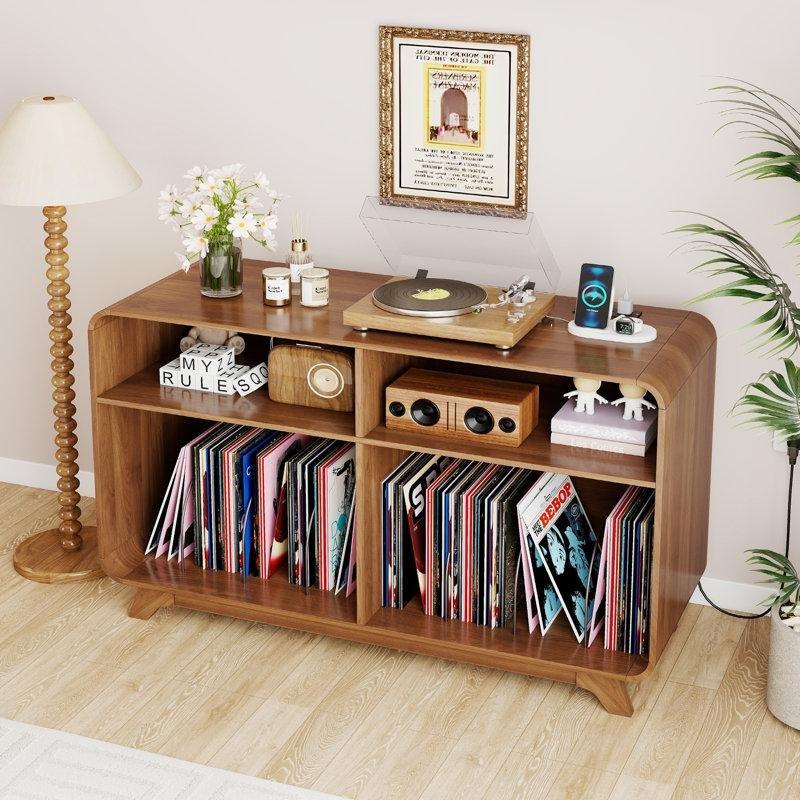 Ceviz Rengi Eğri Tasarımlı Plak Dolabı 75x108x40 cm Şarj İstasyonu ve USB Portlu - 81724