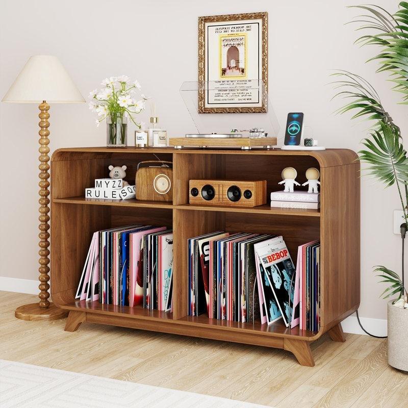 Ceviz Rengi Eğri Tasarımlı Plak Dolabı 75x108x40 cm Şarj İstasyonu ve USB Portlu - 81724