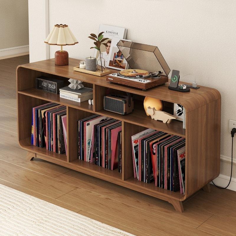 Ceviz Rengi Eğri Tasarımlı Plak Dolabı Şarj İstasyonu ve USB Portlu 140x55x40 cm - 81763