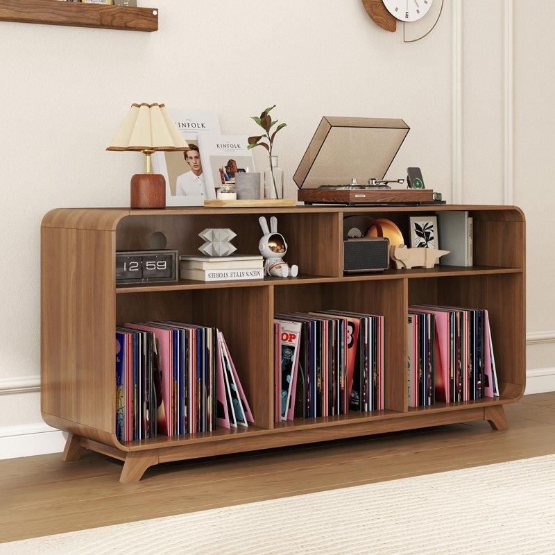 Ceviz Rengi Eğri Tasarımlı Plak Dolabı Şarj İstasyonu ve USB Portlu 140x55x40 cm - 81763