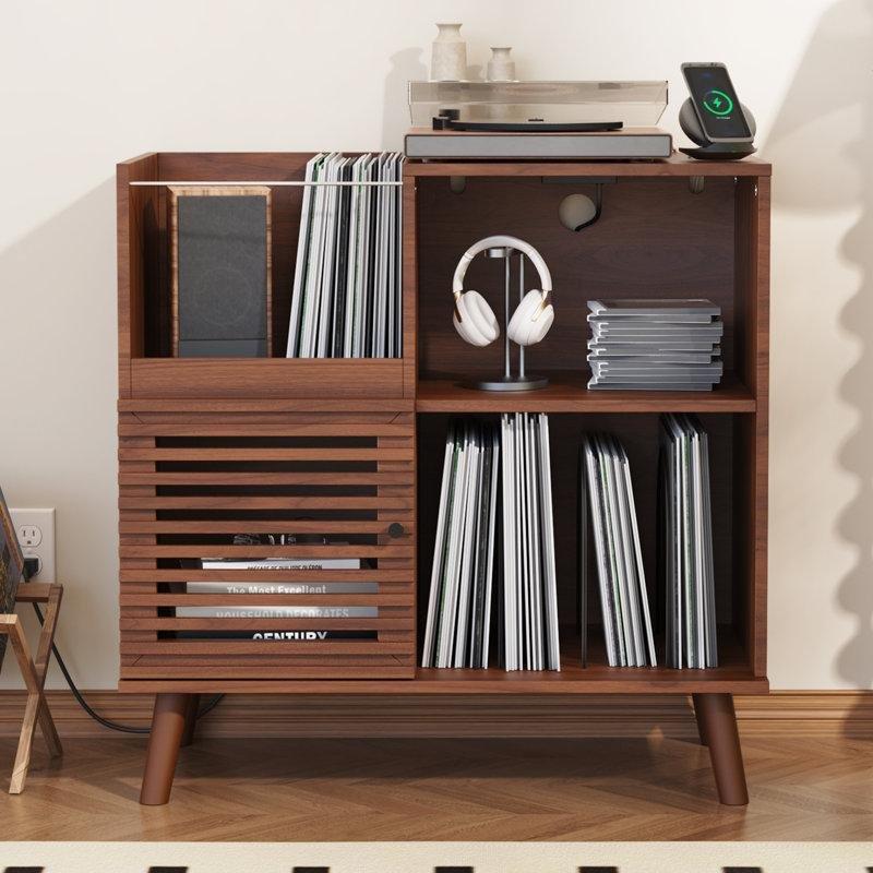 Ceviz Rengi Endüstriyel Ahşap 80x80x40 cm Plak Dolabı Elektrik Çıkışlı - 81574