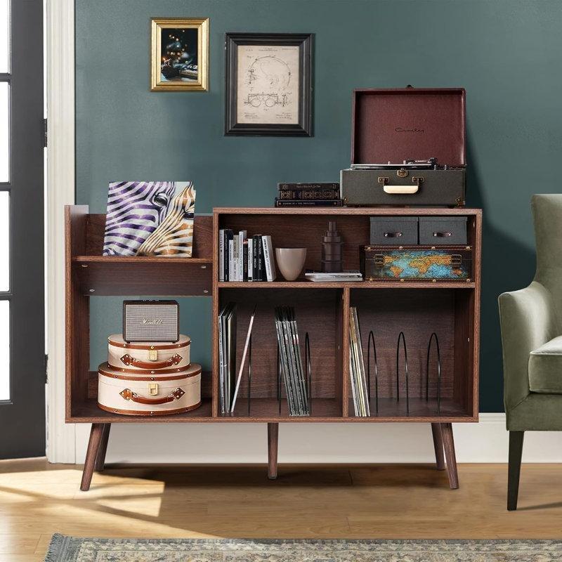 Ceviz Rengi Endüstriyel Ahşap Ayaklı 75x115x40 cm Plak Dolabı - 81478
