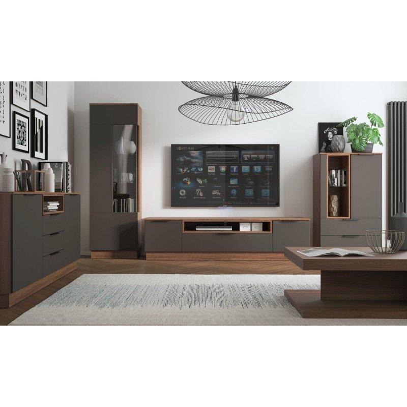 Ceviz Rengi ve Gri Mat Ön Panelli Modern TV Ünitesi 200x54x50 cm - 82051
