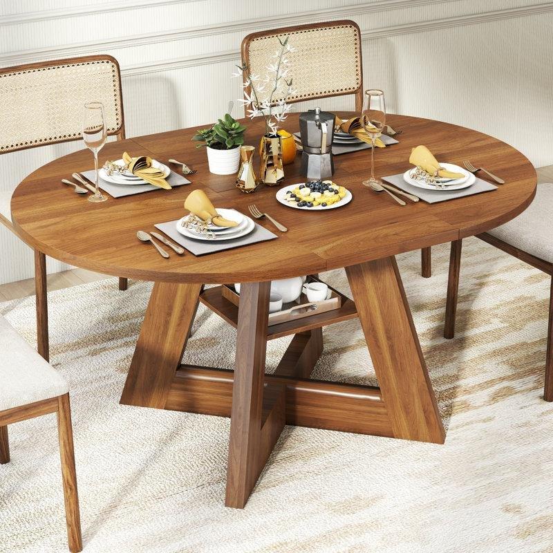 Ceviz Renginde Endüstriyel Ahşap Açılır Yuvarlak Yemek Masası 110 cm - 82369