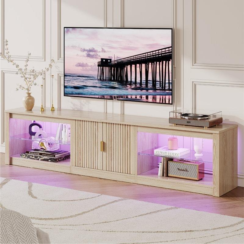 Dalgalı Desenli Modern TV Konsolu 203 cm Parlak Siyah Cam Raflı LED Aydınlatmalı - 80953