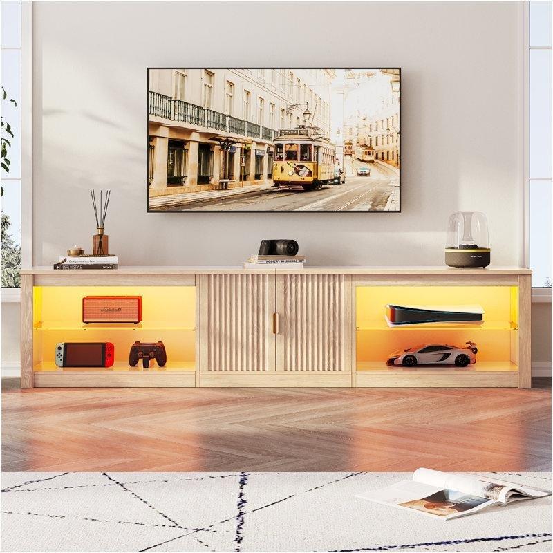 Dalgalı Desenli Modern TV Konsolu 203 cm Parlak Siyah Cam Raflı LED Aydınlatmalı - 80953