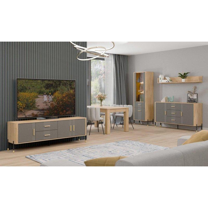 Dante Vitrinli TV Ünitesi 186x61 cm Gri Mat Kremona Ahşap Gold Uygulamalı - 82162