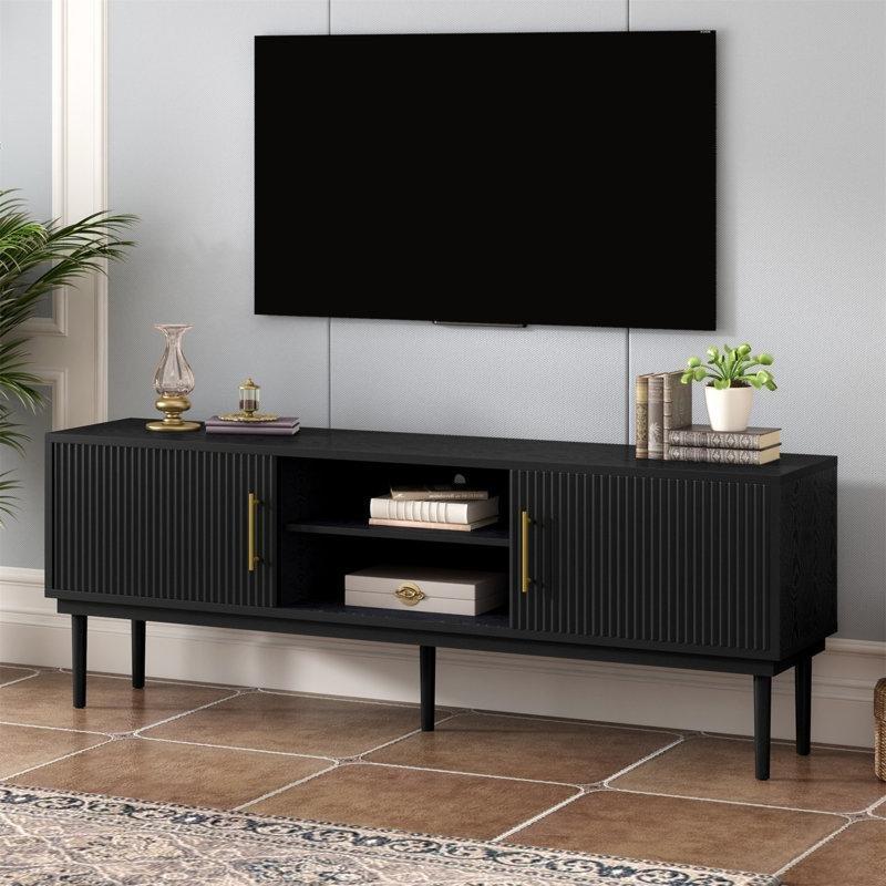 Dikey Çizgili Kapılı Siyah TV Konsolu 190x40x65 cm - 80797