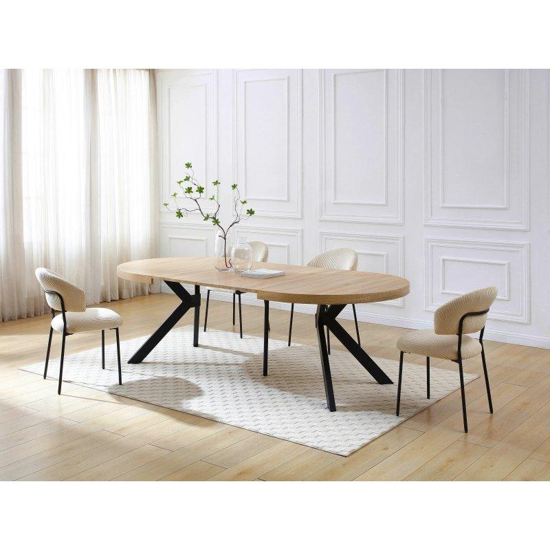 Doğal Açılır Yuvarlak Yemek Masası 300 cm Açık Ahşap ve Siyah Metal Ayaklı - 83041