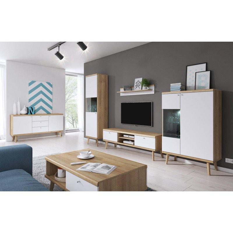 Doğal Ahşap ve Beyaz Mat Ön Cepheli 160 cm Genişliğinde Oturma Odası Vitrinli TV Ünitesi - 82117